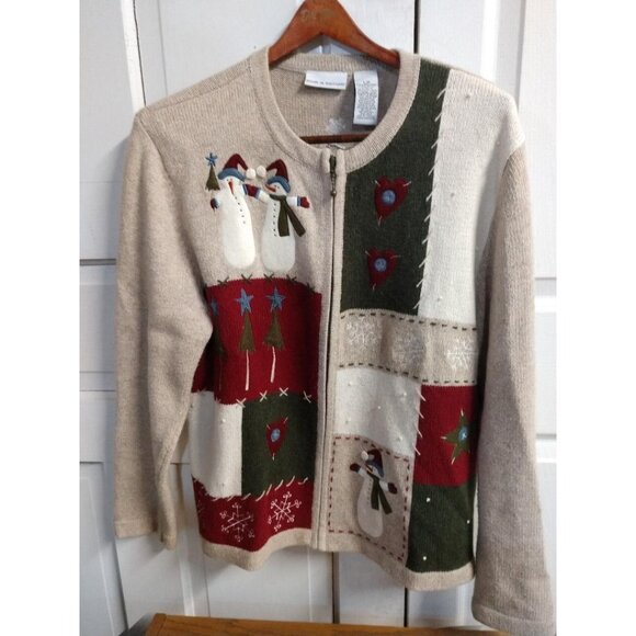 Croft & Barrow Womens L Beige Christmas Patchwork Cardigan W/Snowman Embroidery - Picture 1 of 6
